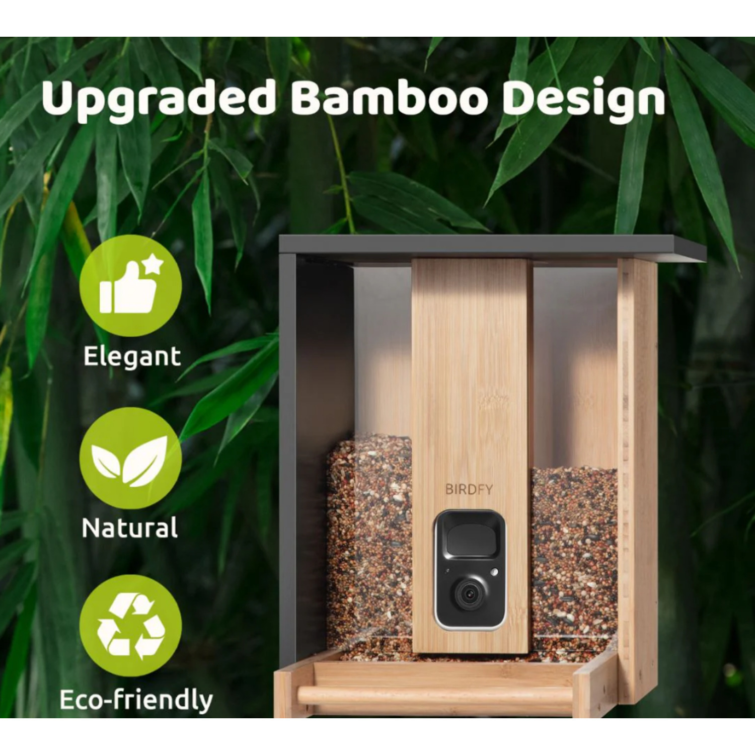 Een vogelvoeder met een camera. Het is gemaakt van hout en heeft de tekst 'Upgraded Bamboo Design'.