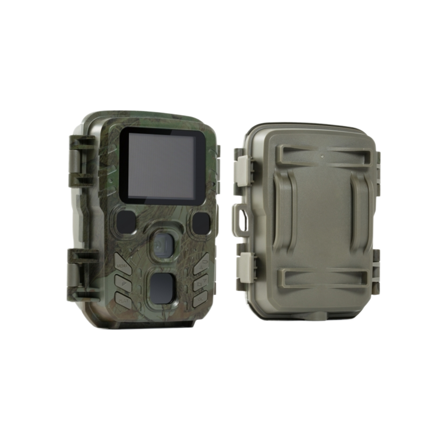 Een camouflagetrailcamera met een scherm en twee secties. Grijze behuizing aan de zijkant.
