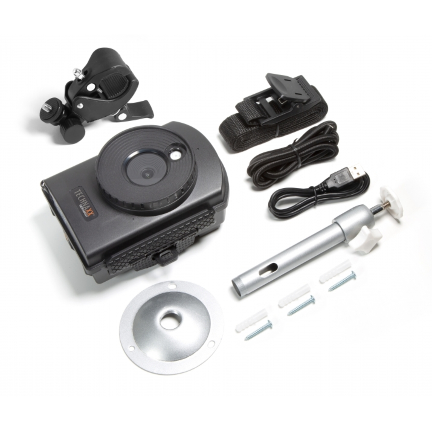 Een verzameling camera-accessoires, waaronder een houder, een USB-kabel en schroeven.
