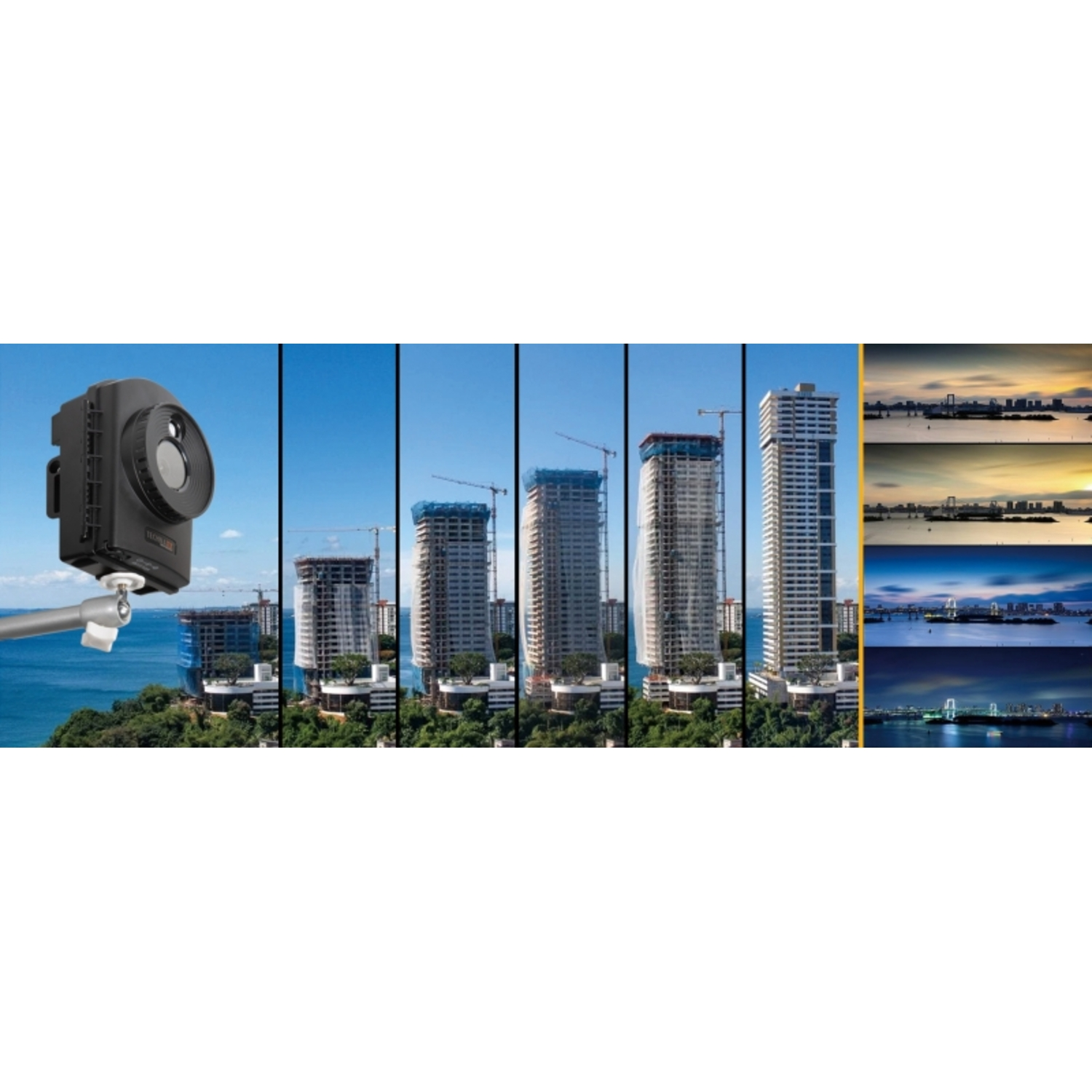Camera op een paal die de bouw van gebouwen vastlegt. Meerdere stadia, verschillende bouwfasen.