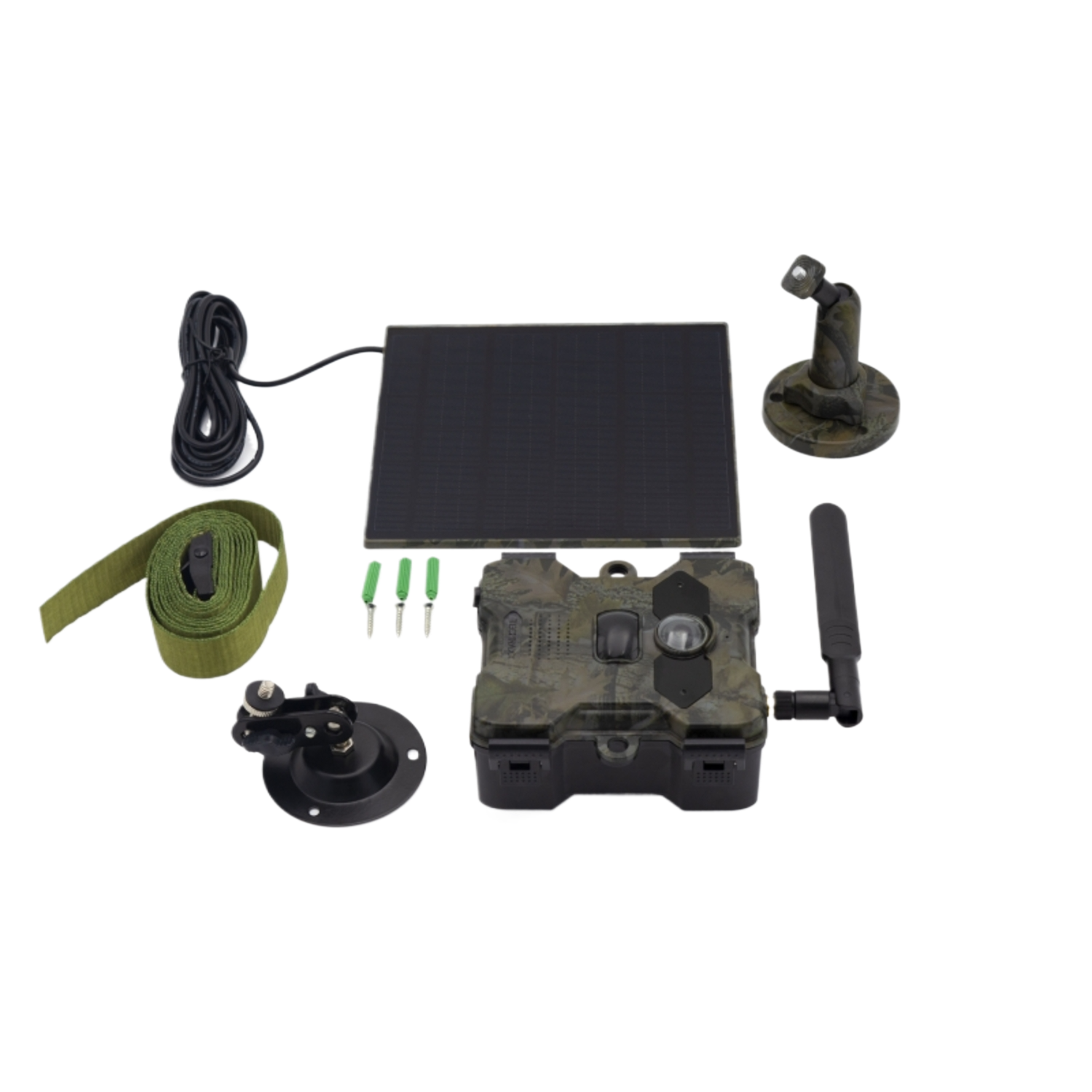 Wildcamera kit. Inclusief zonnepaneel, montage, riem en een camouflagetunit.