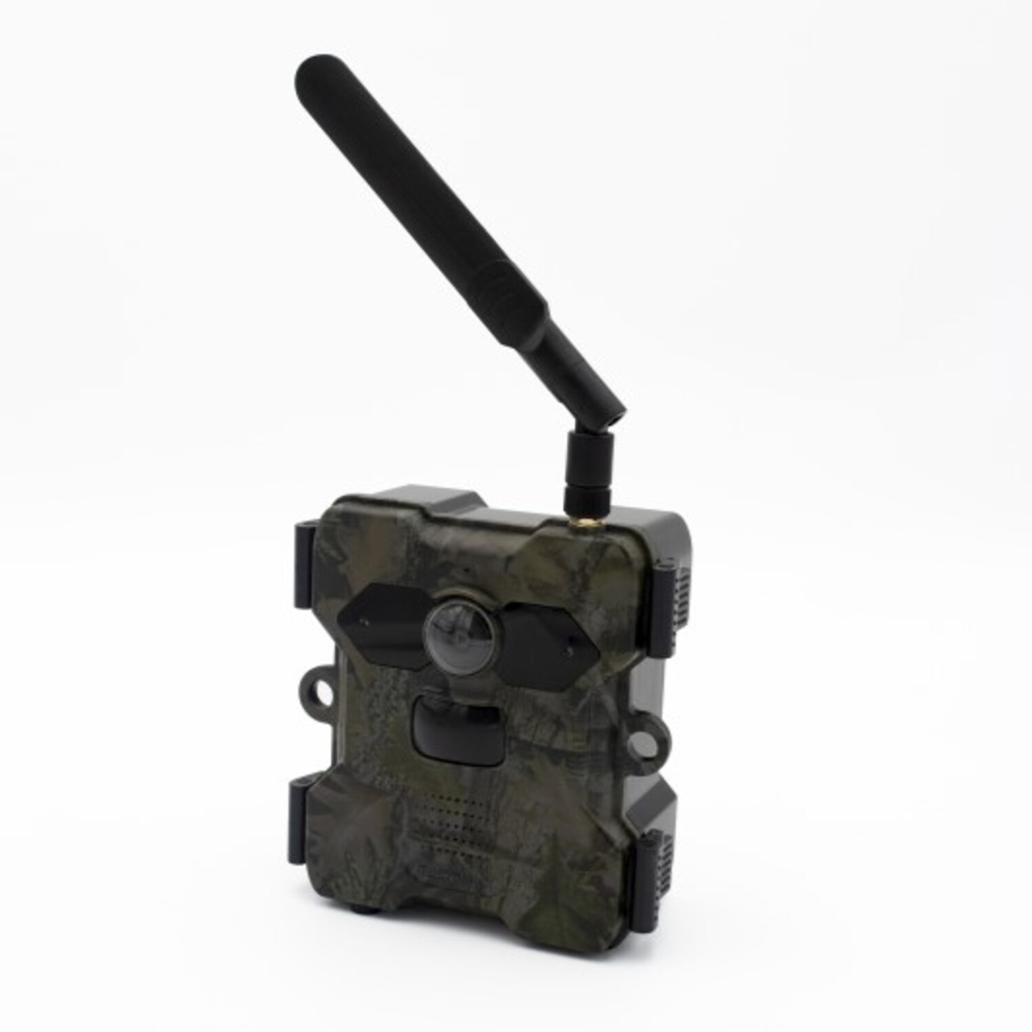 Camouflage wildcamera met antenne, op een witte achtergrond, geïsoleerd.