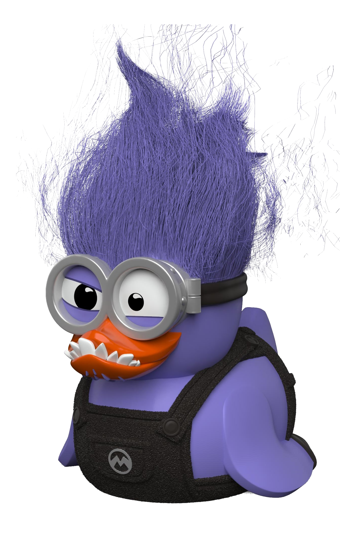Ein lila Minion-artiger Charakter mit Latzhose und Brille mit silbernen Rahmen. Es hat einen orangefarbenen Mund.