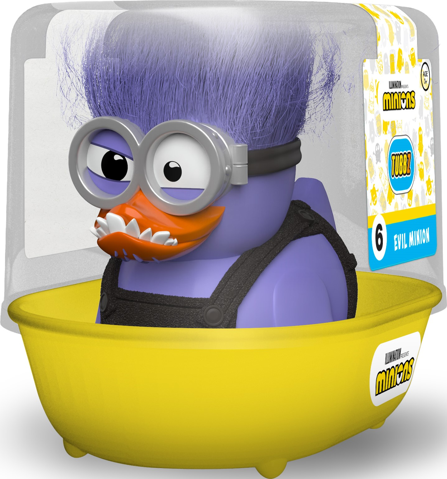 Böses Minion-Spielzeug in einer gelben Badewanne, mit lila Haaren.