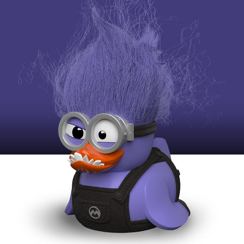 Eine Zeichentrickfigur mit lila Fell, Minion-Brille und einem großen, orangefarbenen Mund.
