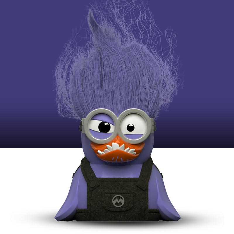 Eine Minion-ähnliche Figur in Overalls, mit Brille, einem lustigen Mund und einem lilafarbenen Kopf.