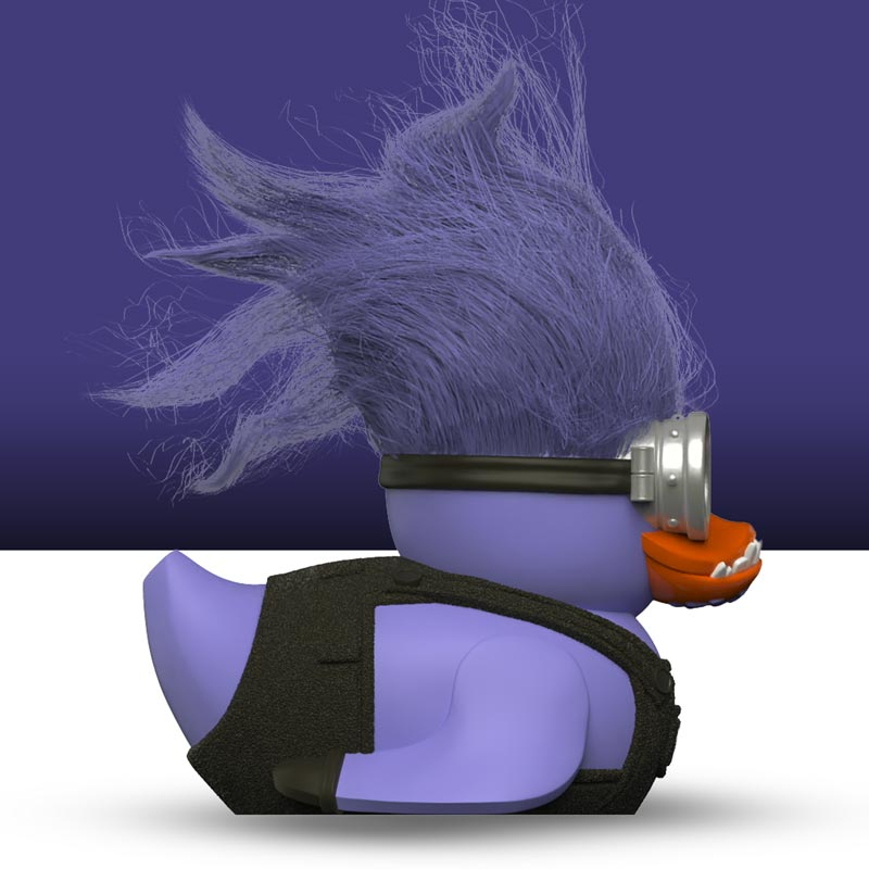 Lila Gummiente mit Brille und Haaren, auf weiß-lila Hintergrund.