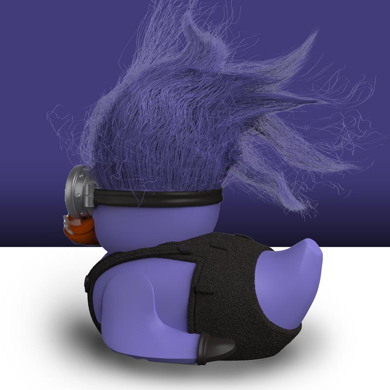 Lila Ente mit zerzaustem Haar und Brille. Schwarze Weste. Weißer und blauer Hintergrund.