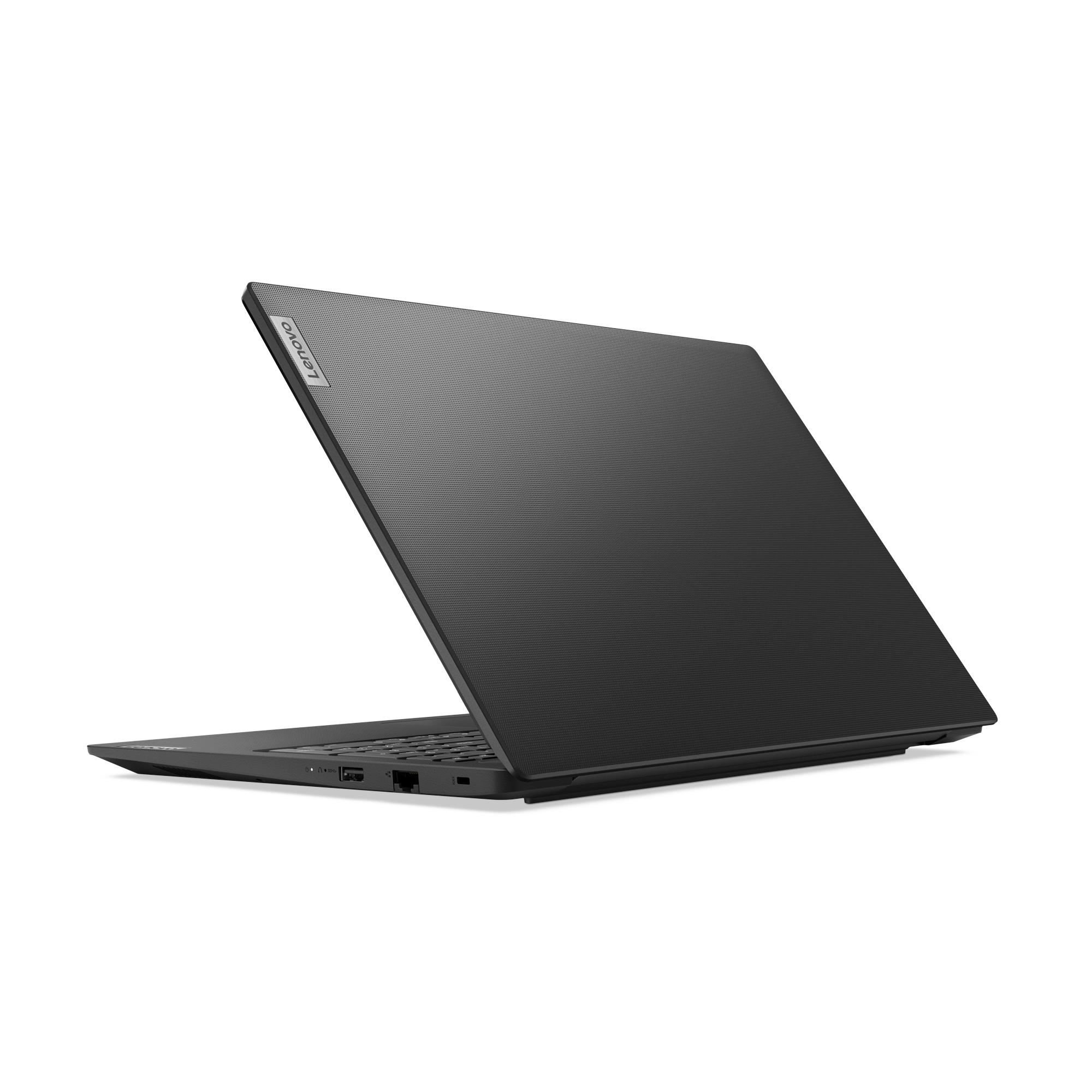 Laptop auf weißer Oberfläche, Winkelansicht. Schwarzer Laptop mit Lenovo-Logo.