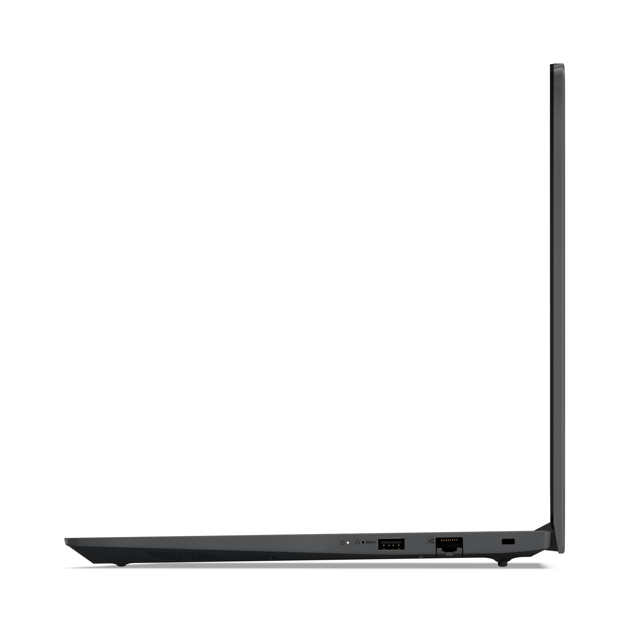 Seitenansicht eines geschlossenen schwarzen Laptops, der Anschlüsse an der Seite zeigt.