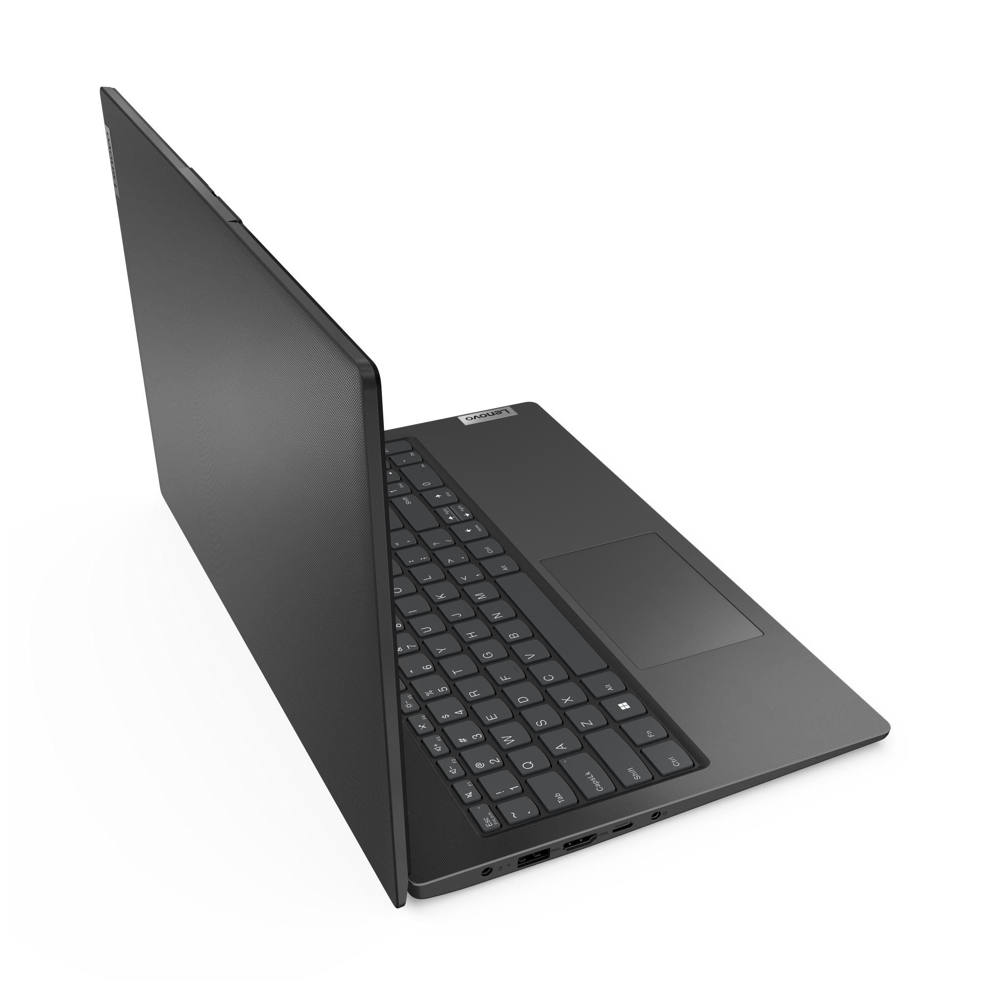 Ein schwarzer Laptop, leicht geöffnet auf einer weißen Oberfläche.