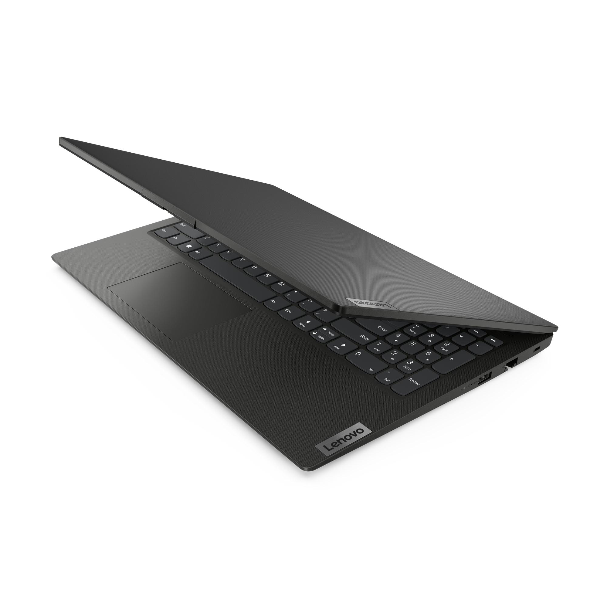 Dunkelgrauer Lenovo-Laptop mit geöffnetem Bildschirm. Tastatur und Touchpad sind sichtbar. Lenovo-Logo vorhanden.