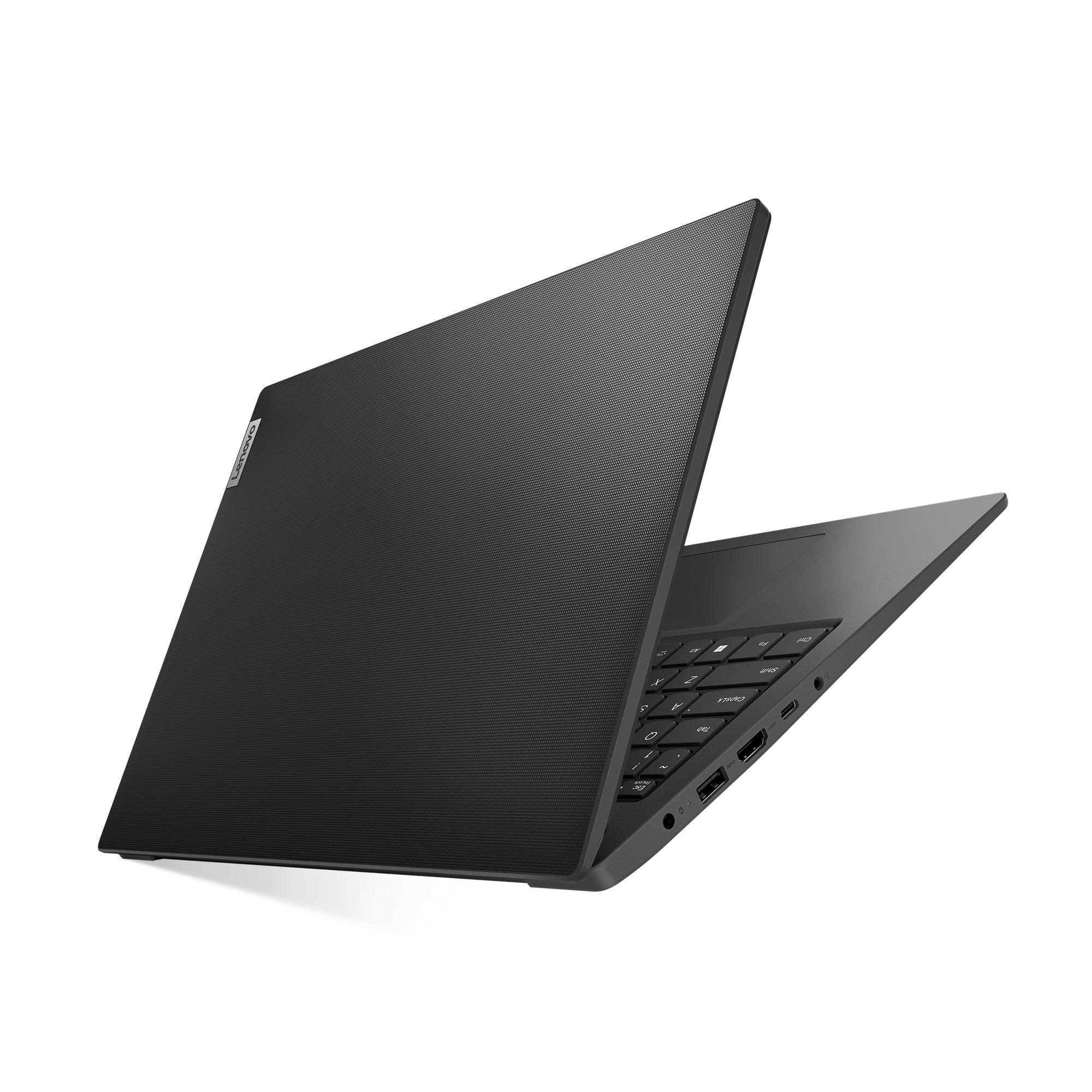 Schwarzer Laptop, offen, angewinkelte Ansicht. Lenovo-Logo, Tastatur sichtbar, Anschlüsse an der Seite. Weißer Hintergrund.
