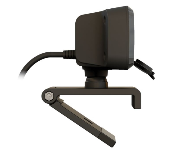 Czarna kamera internetowa na stojaku, skierowana do przodu. Posiada klips do mocowania do monitora.