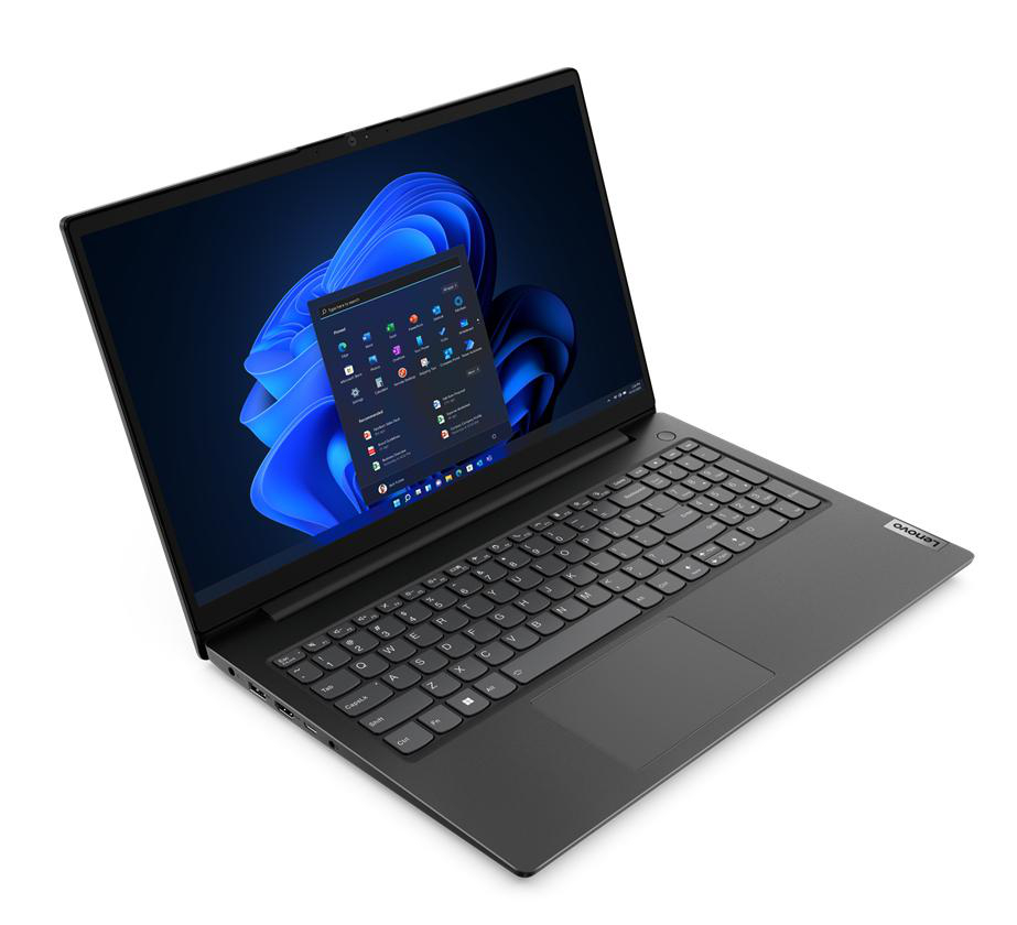 Laptop auf weißer Oberfläche. Schwarzer Laptop mit Windows 11 Oberfläche.