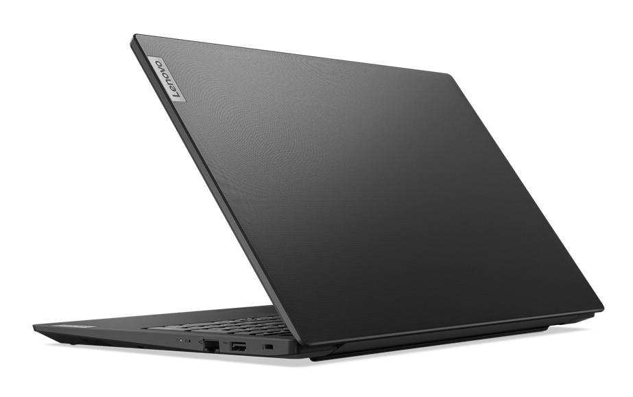 Schwarzer Laptop auf weißer Oberfläche, Rückansicht. Lenovo-Logo sichtbar.