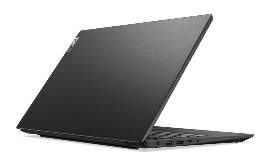 Rückansicht eines schwarzen Laptops. Der Bildschirm ist geöffnet. Das Lenovo-Logo ist auf dem Deckel.