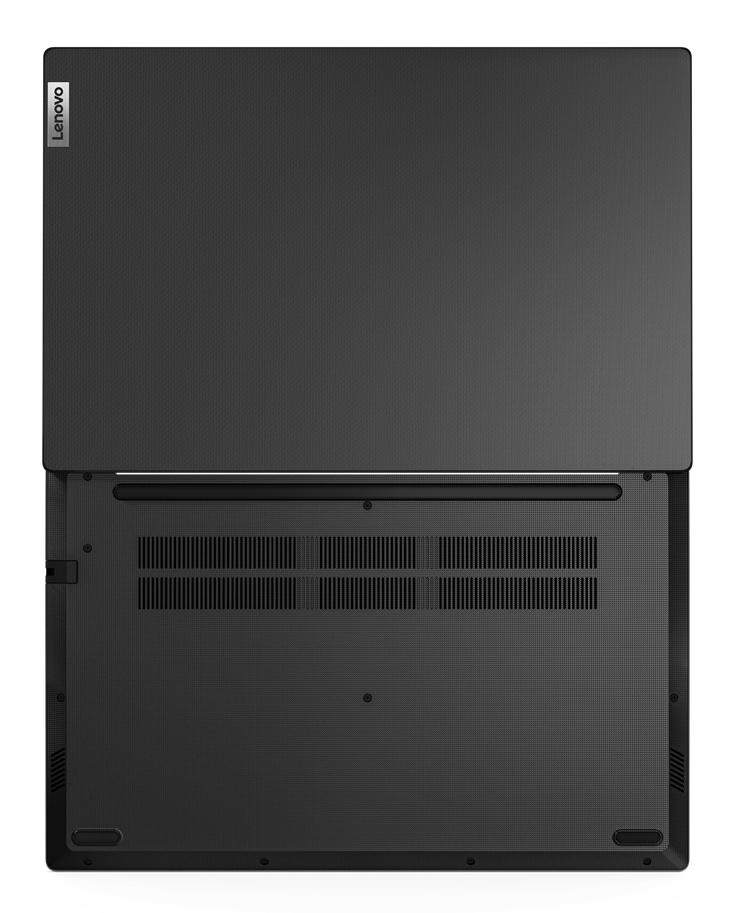 Schwarze Laptop-Unteransicht, zeigt Lüftungsschlitze und Lenovo-Logo, schwarzer Hintergrund.