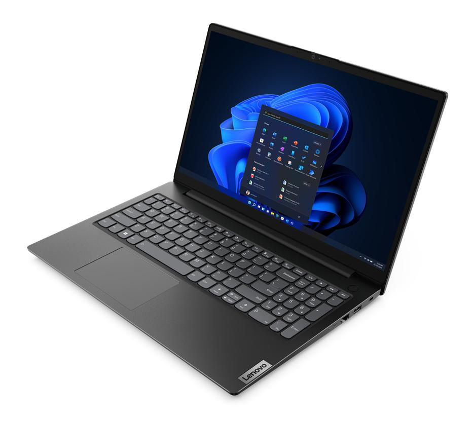 Ein dunkelgrauer Lenovo-Laptop auf weißer Oberfläche, der eine Windows 11-Oberfläche auf dem Bildschirm zeigt.