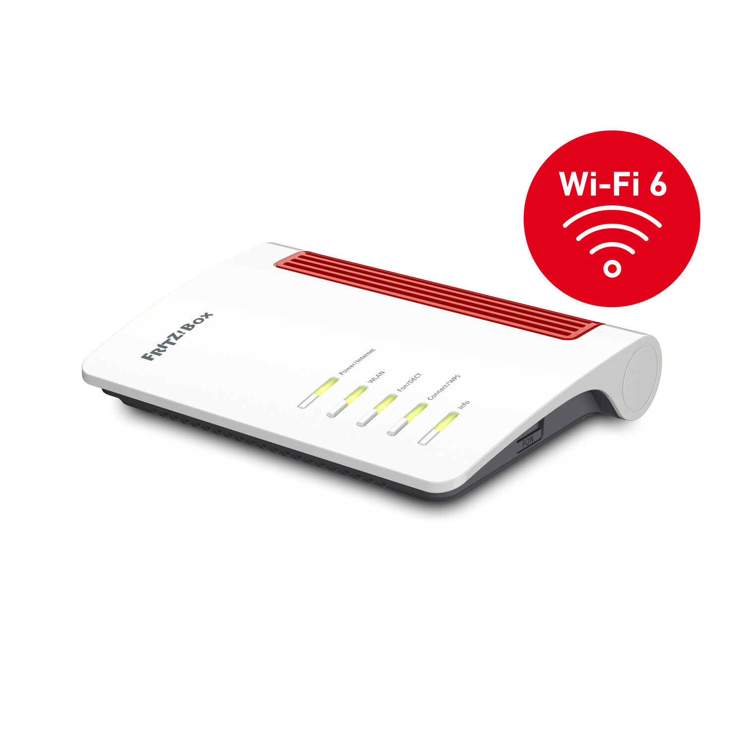 Witte en rode Wi-Fi 6 router, met Wi-Fi 6 logo. Heeft groene en oranje LED-lampjes.