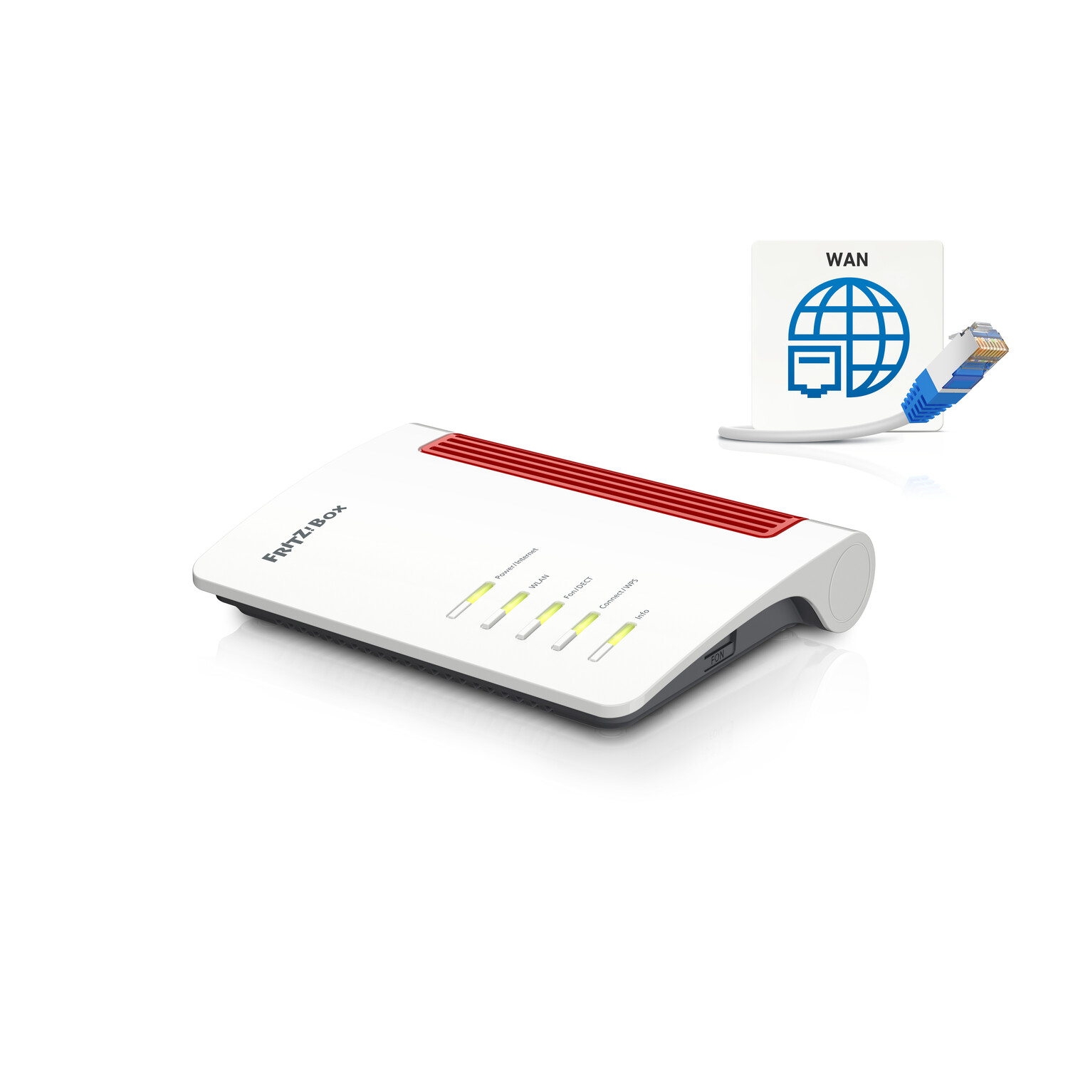 Een witte router met rode accenten en een blauwe kabel eraan bevestigd op een witte achtergrond.