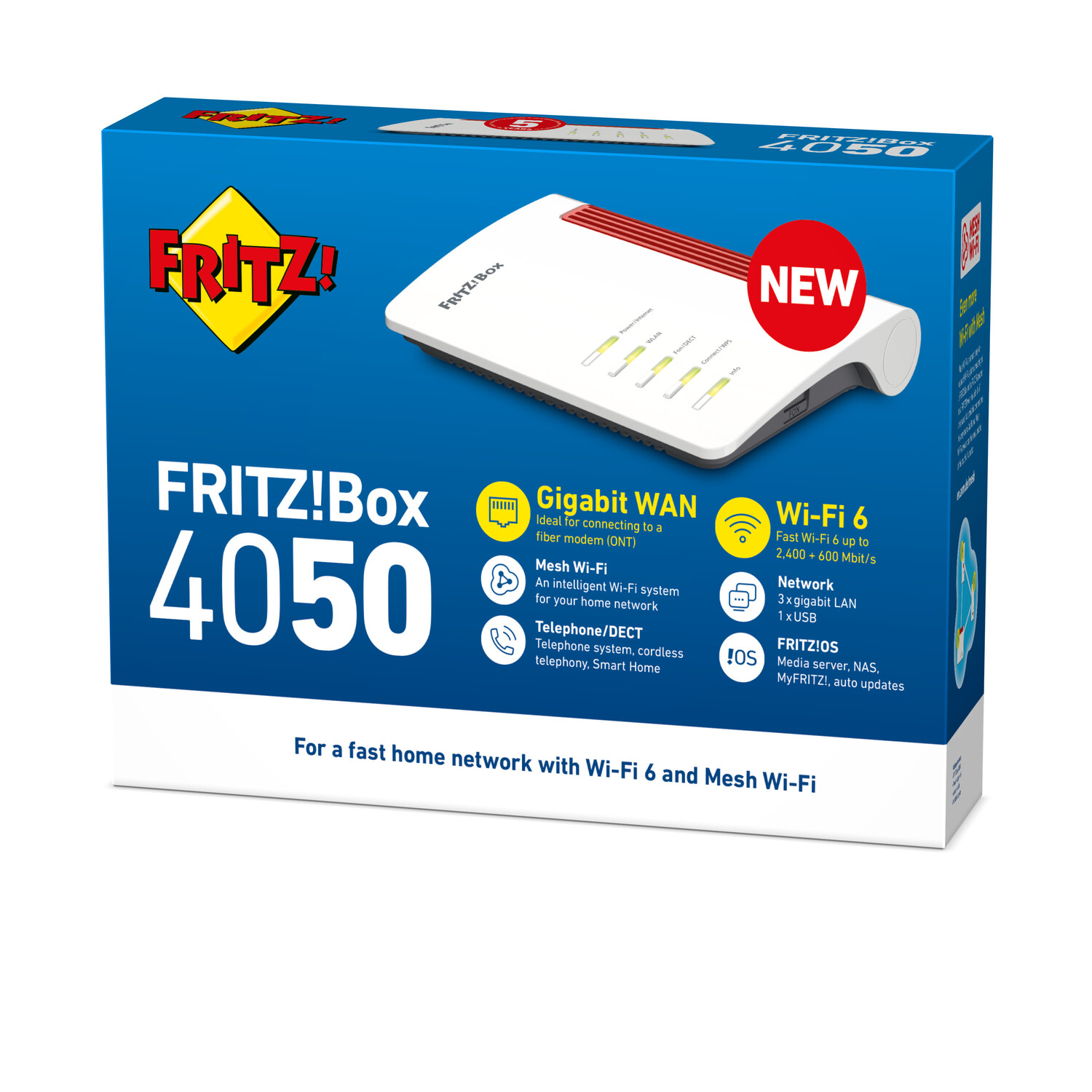Doos voor een Frit!Box 4050 router, met productdetails en een 'NIEUW'-sticker.