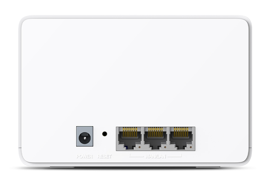 Biały router z trzema portami i wejściem zasilania. Słowo RESET jest widoczne.