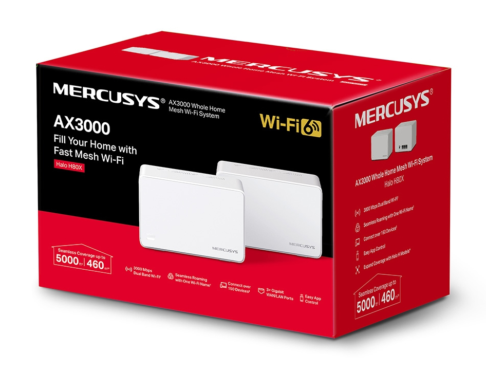 Czerwone pudełko systemu Wi-Fi mesh z dwoma białymi routerami i marką Wi-Fi 6.