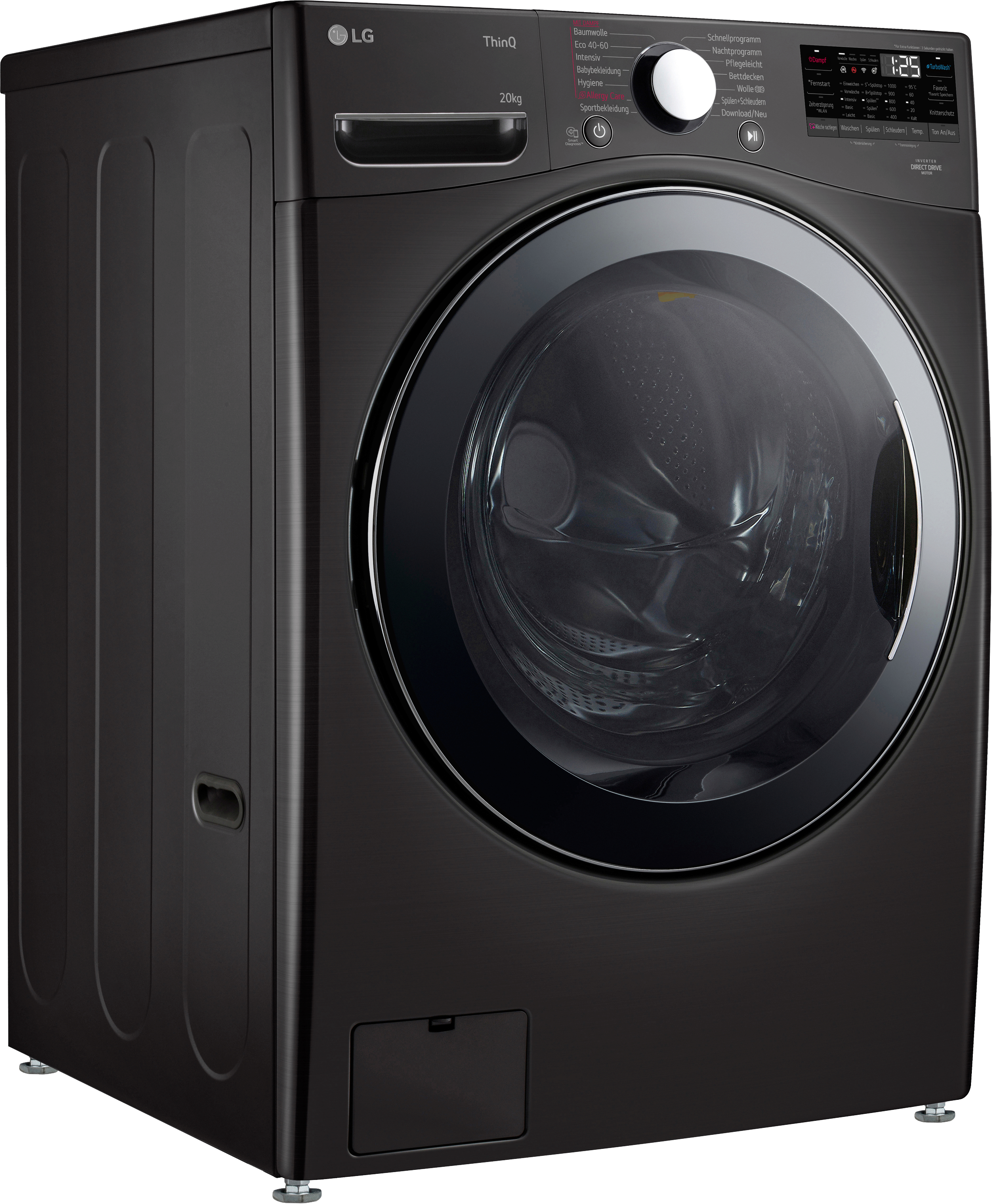Schwarze LG Waschmaschine. Frontlader mit dunkler Glastür und Bedienfeld mit digitaler Anzeige.