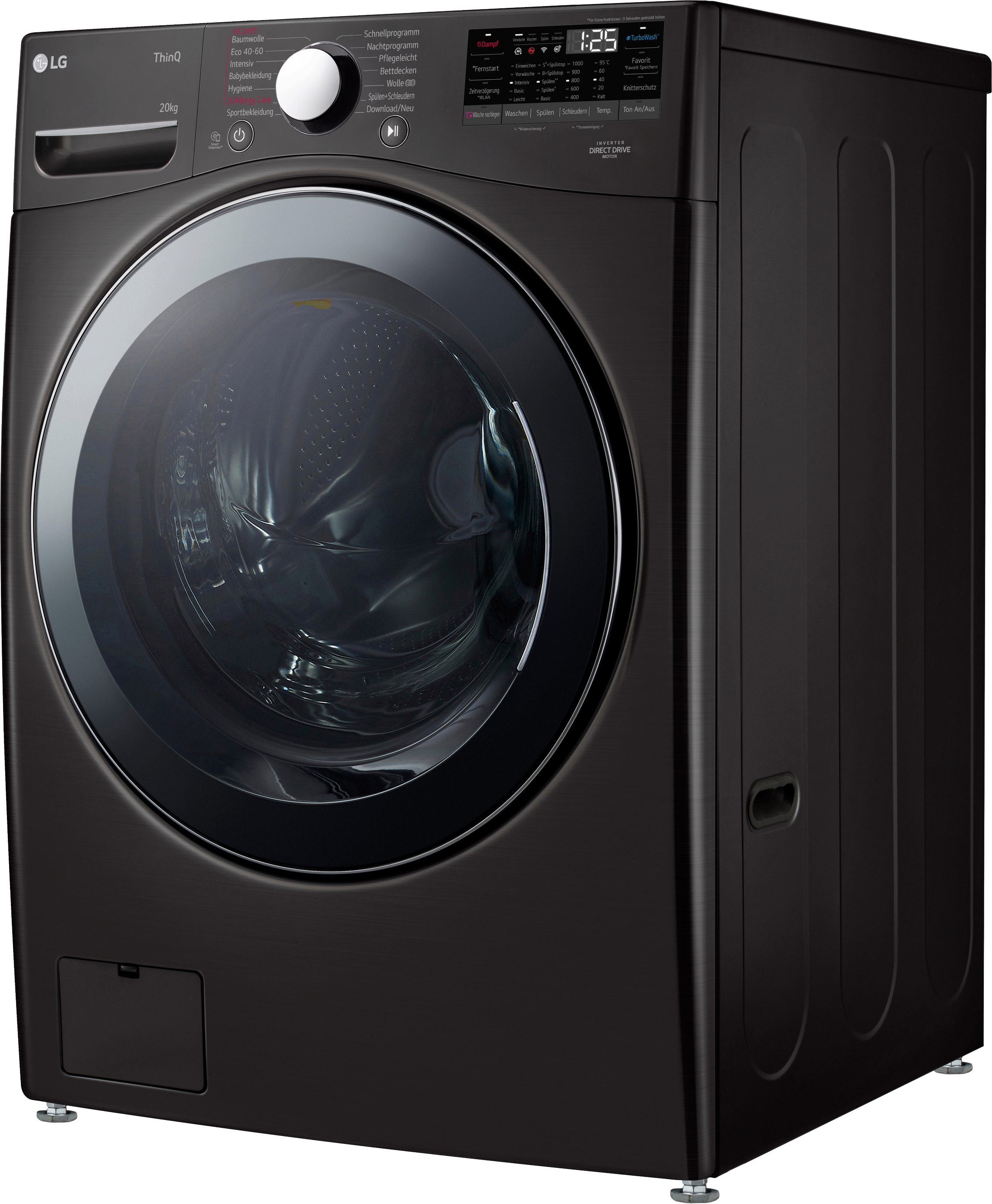 Schwarze LG Waschmaschine, Vorderansicht, mit großer Glastür und Bedienfeld.
