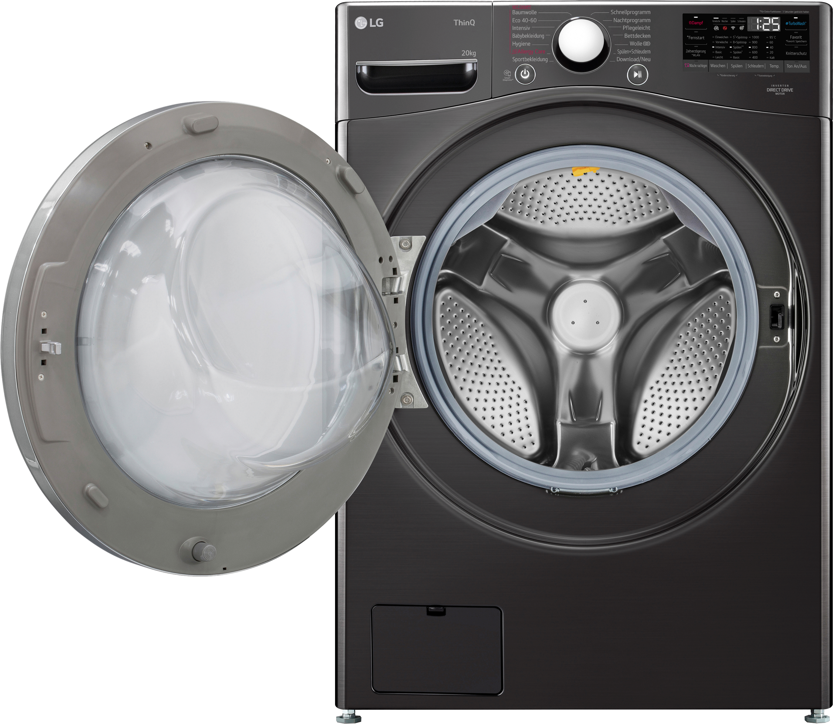 Schwarze LG Waschmaschine mit offener Tür. Trommelinnenraum sichtbar. Dunkles Äußeres.
