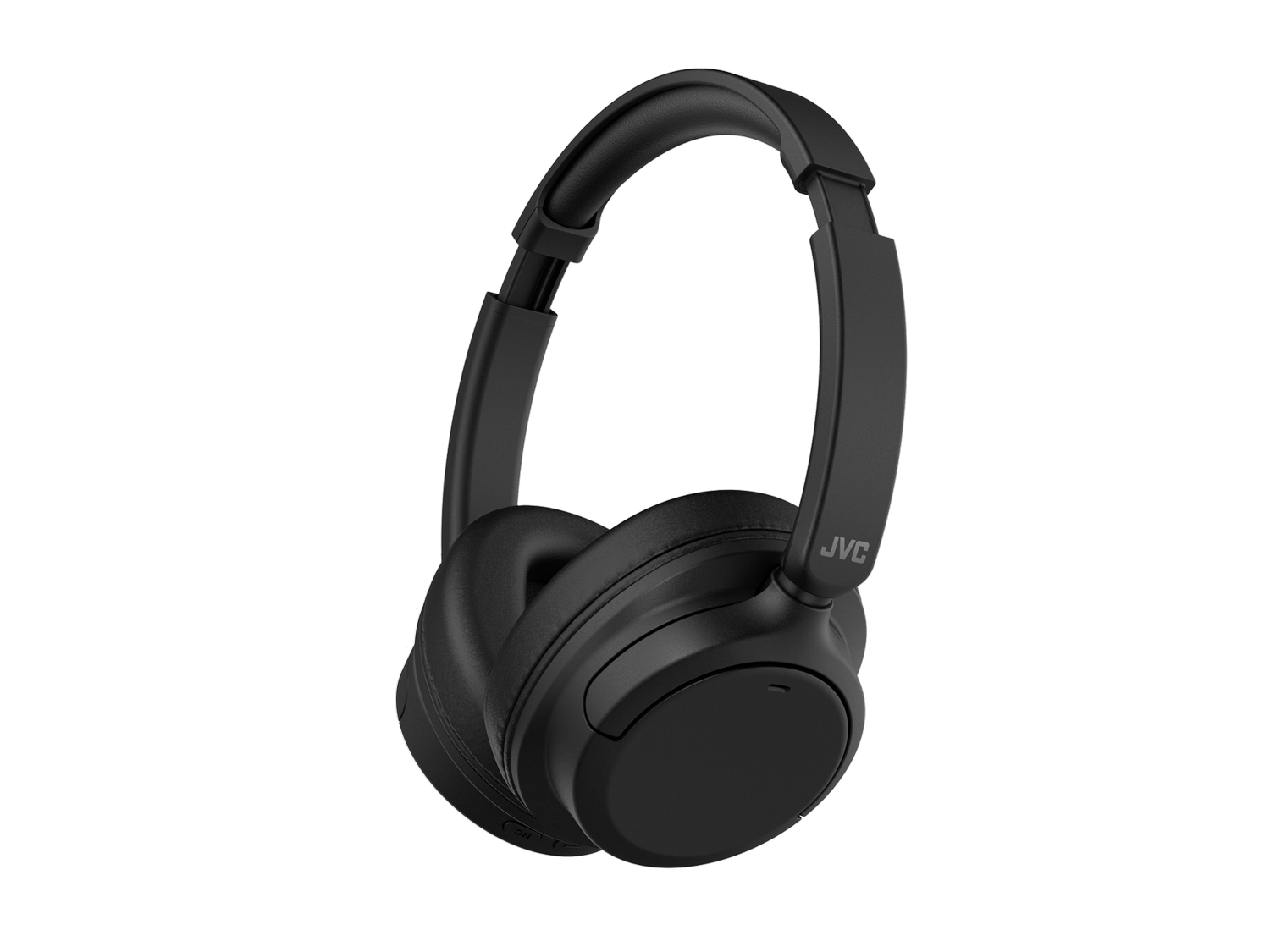 Auriculares JVC negros sobre fondo negro. Diseño circumaural. Logotipo JVC visible.