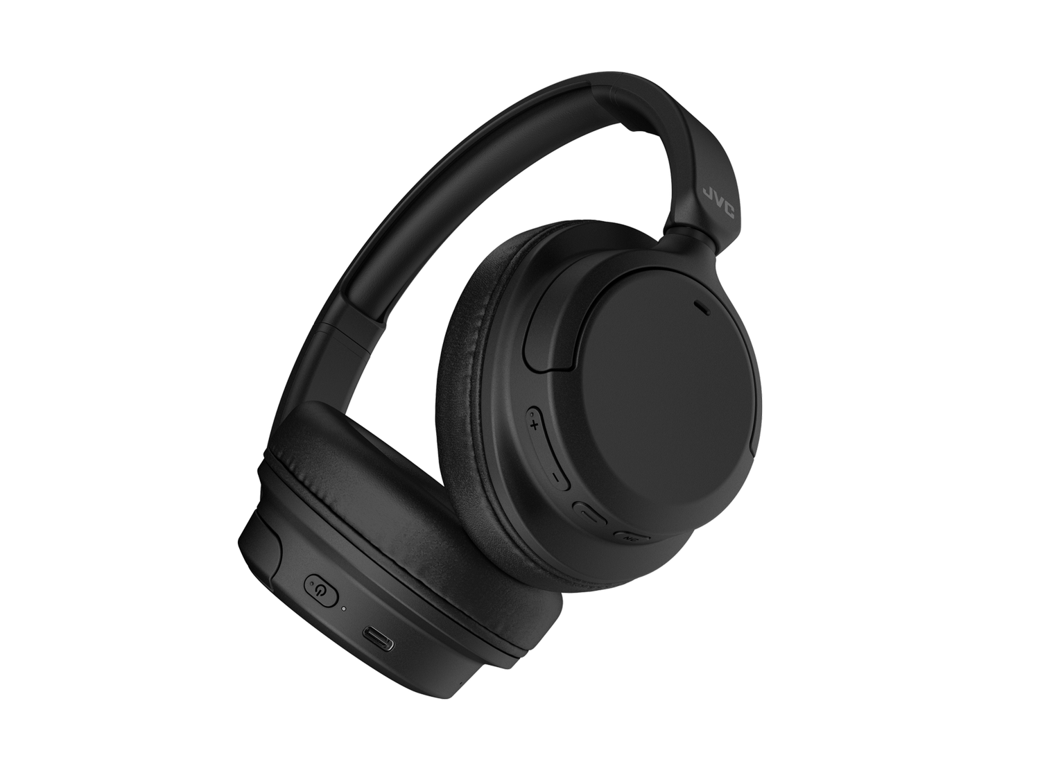 Auriculares JVC negros. Los auriculares están en ángulo para mostrar los auriculares y los controles.