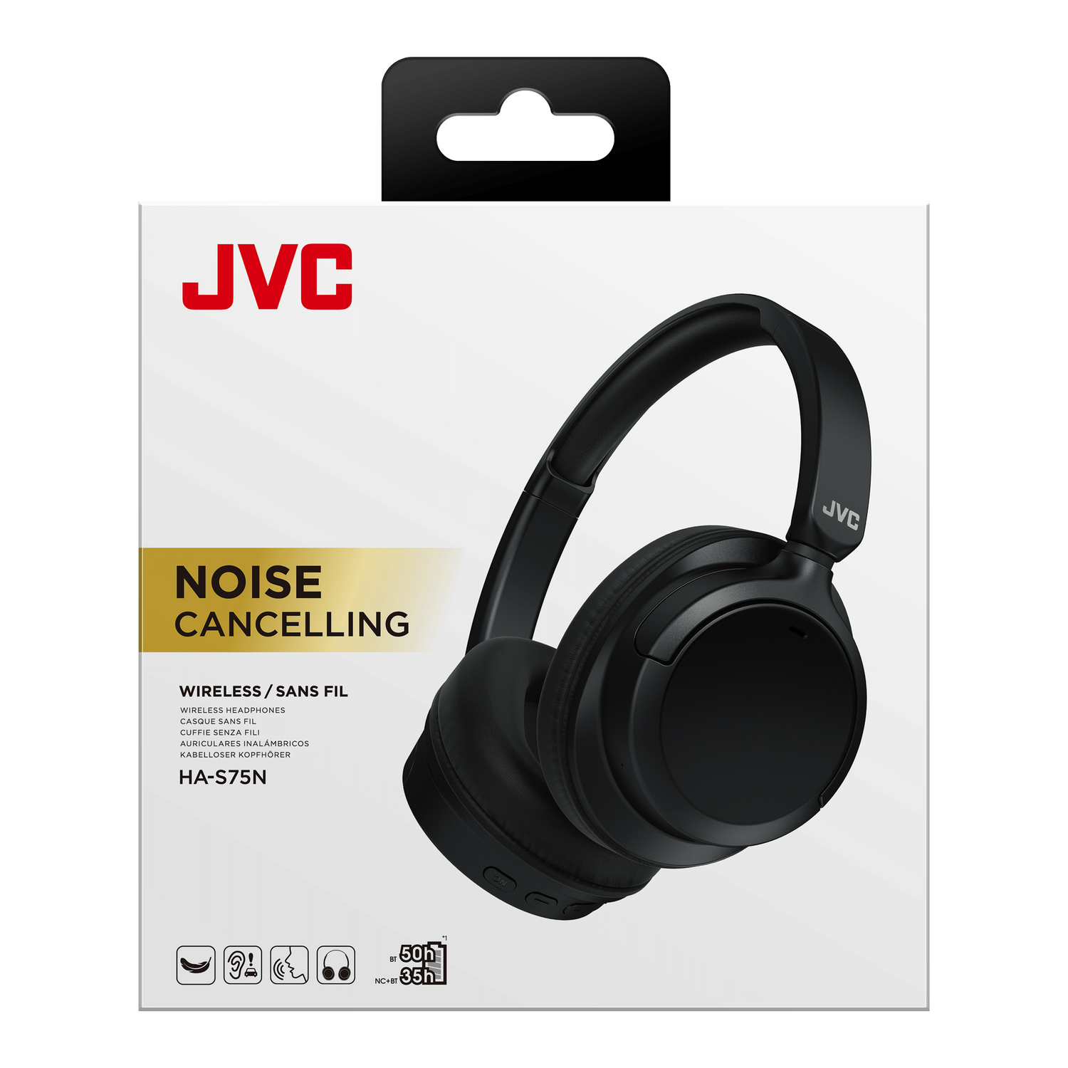 Auriculares JVC con cancelación de ruido negros en embalaje, con texto.