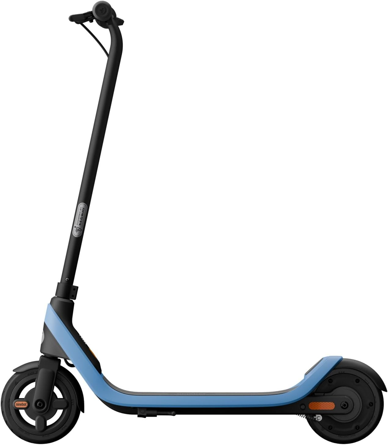 Un patinete eléctrico azul y negro. Está sobre una superficie blanca.