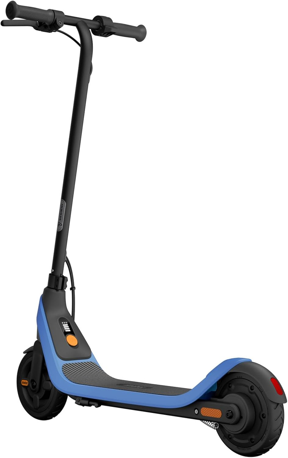 Scooter eléctrico azul y negro sobre fondo blanco. Una luz es visible en la parte trasera.