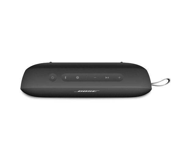Altavoz Bose SoundLink Flex, negro y de forma ovalada, con botones de control en la parte superior.