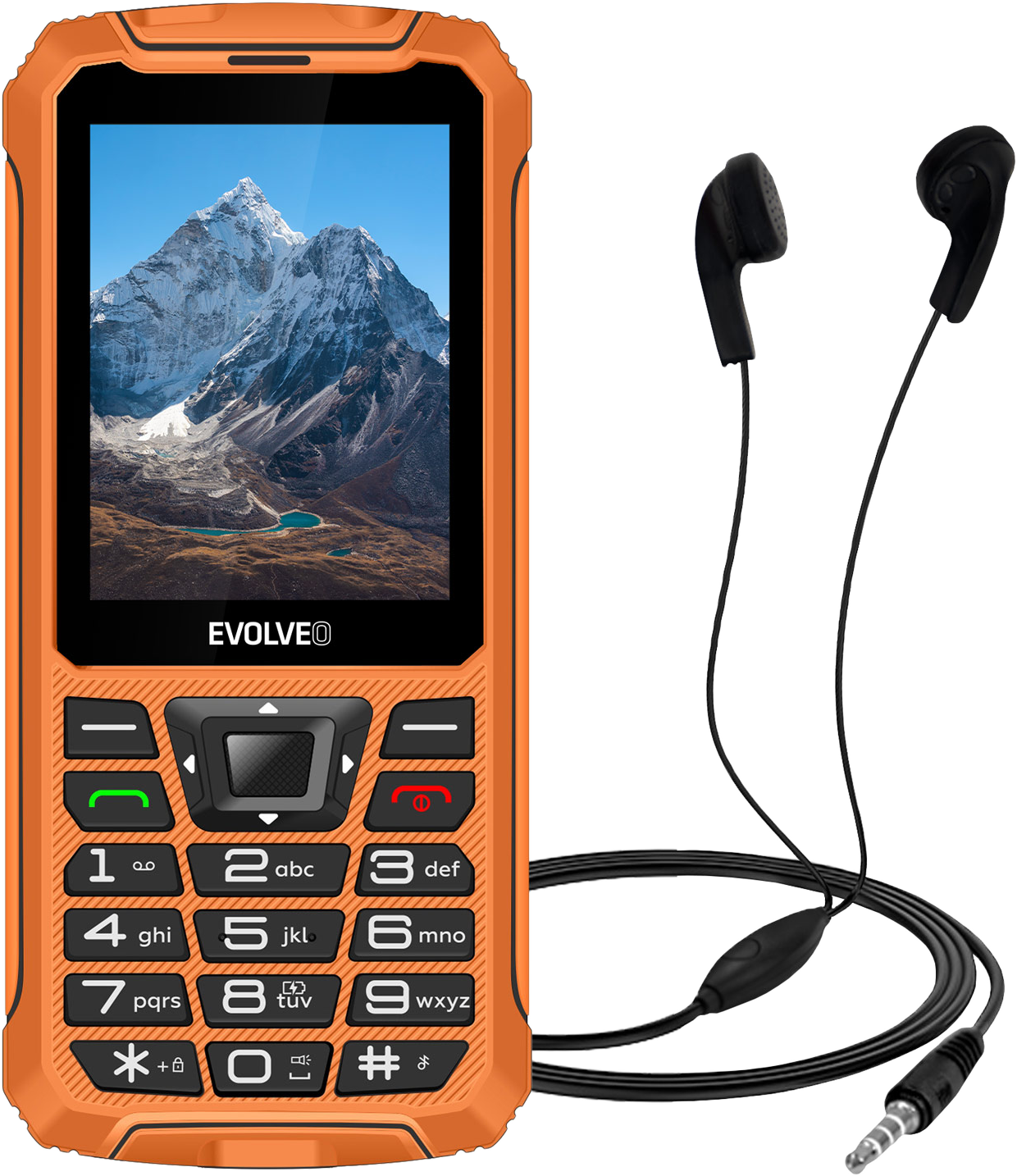 Egy robusztus narancssárga telefon, hegyvonulatot mutató képernyővel, fejhallgatóval.