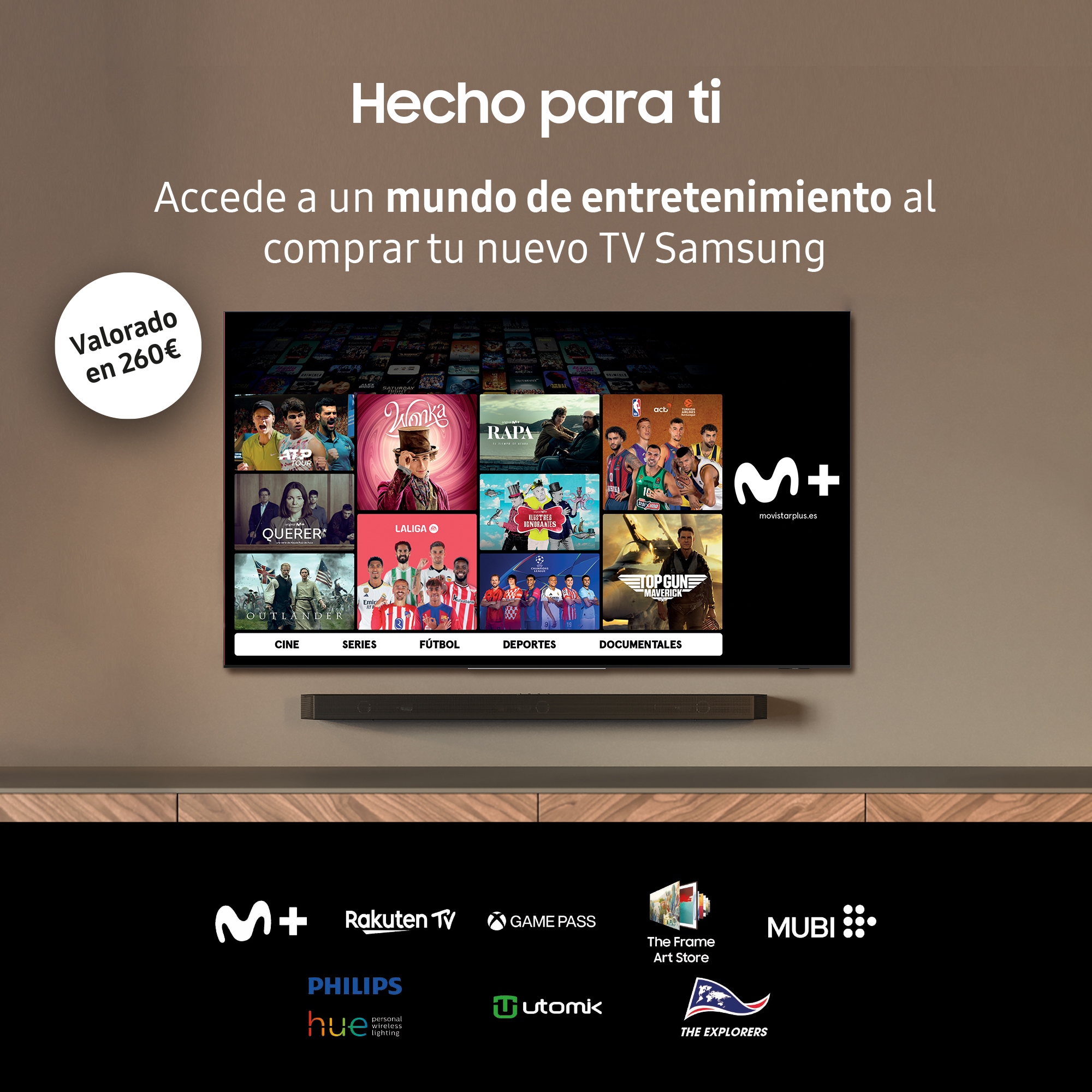 Una pantalla de TV que muestra opciones de servicios de transmisión, con logotipos de varias aplicaciones debajo.