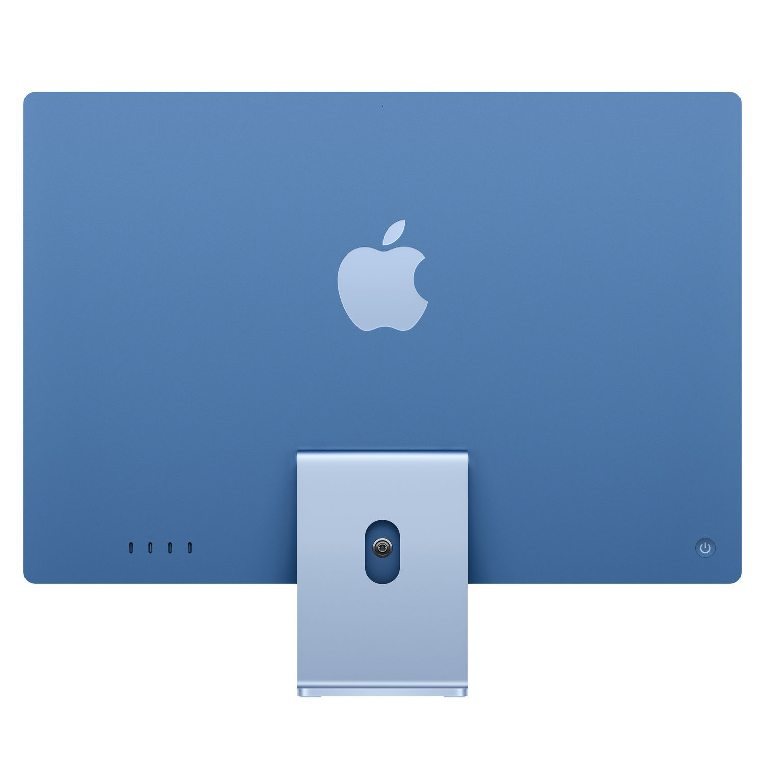 Blue Apple iMac back with logo and ports.