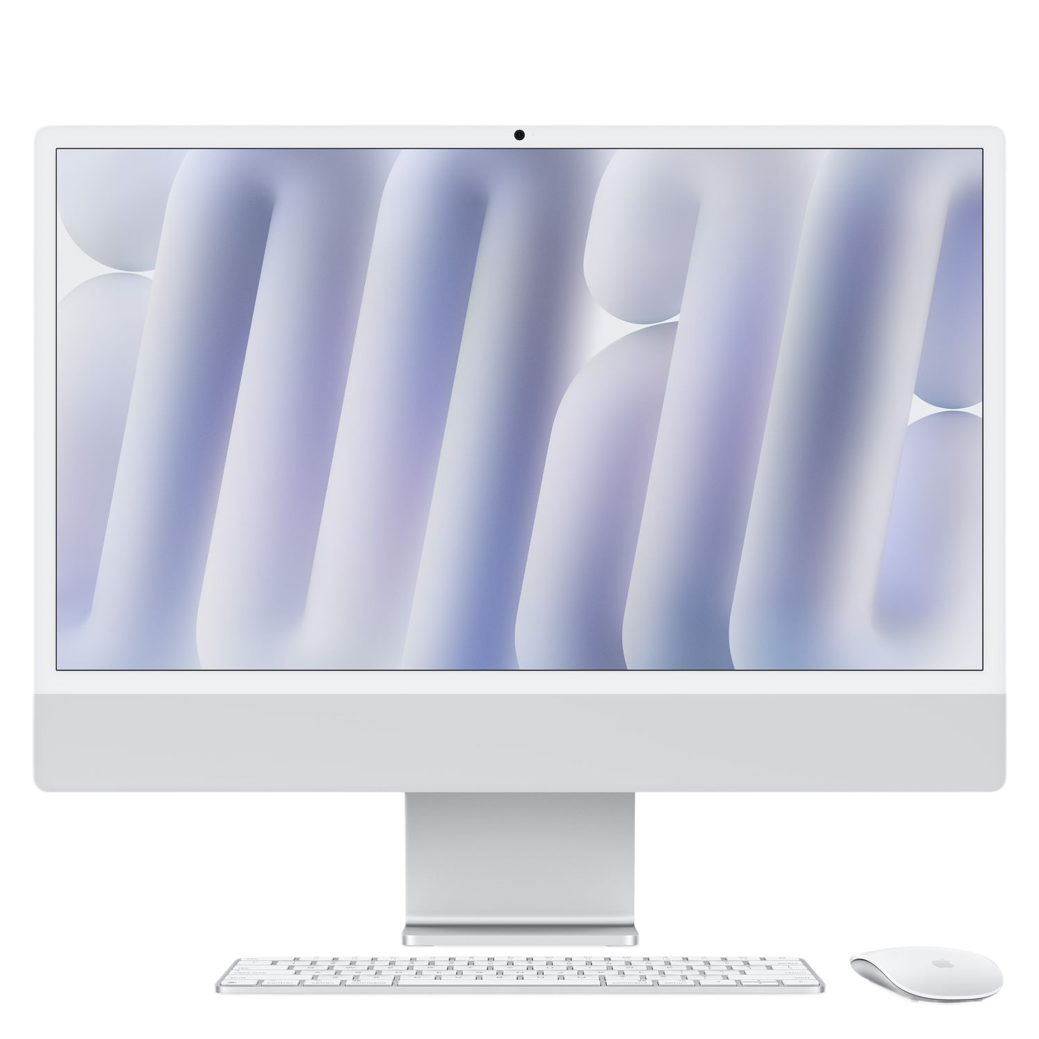Ordinateur de bureau iMac blanc avec clavier et souris blancs, fond blanc avec lignes ondulées.