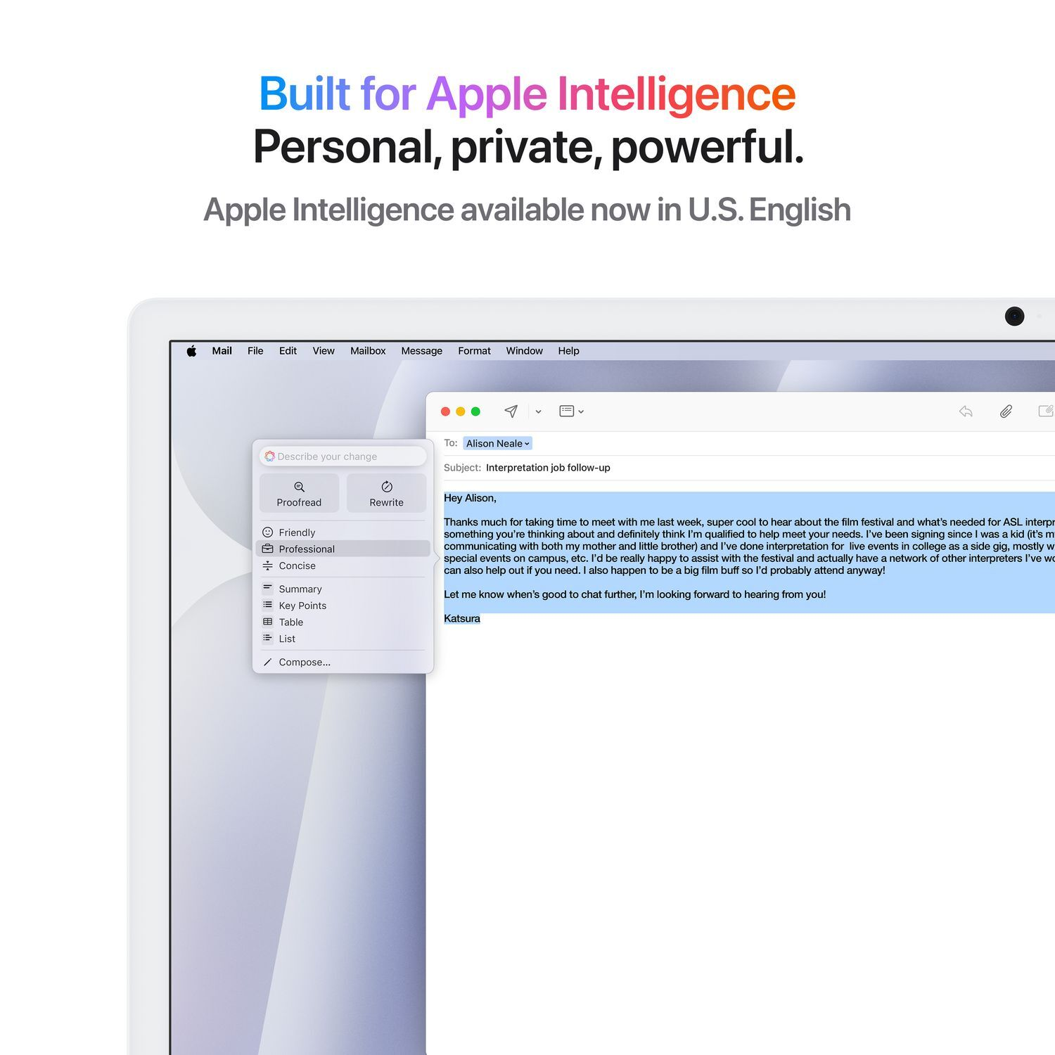 A laptop screen displaying an email. Apple Intelligence features are shown.