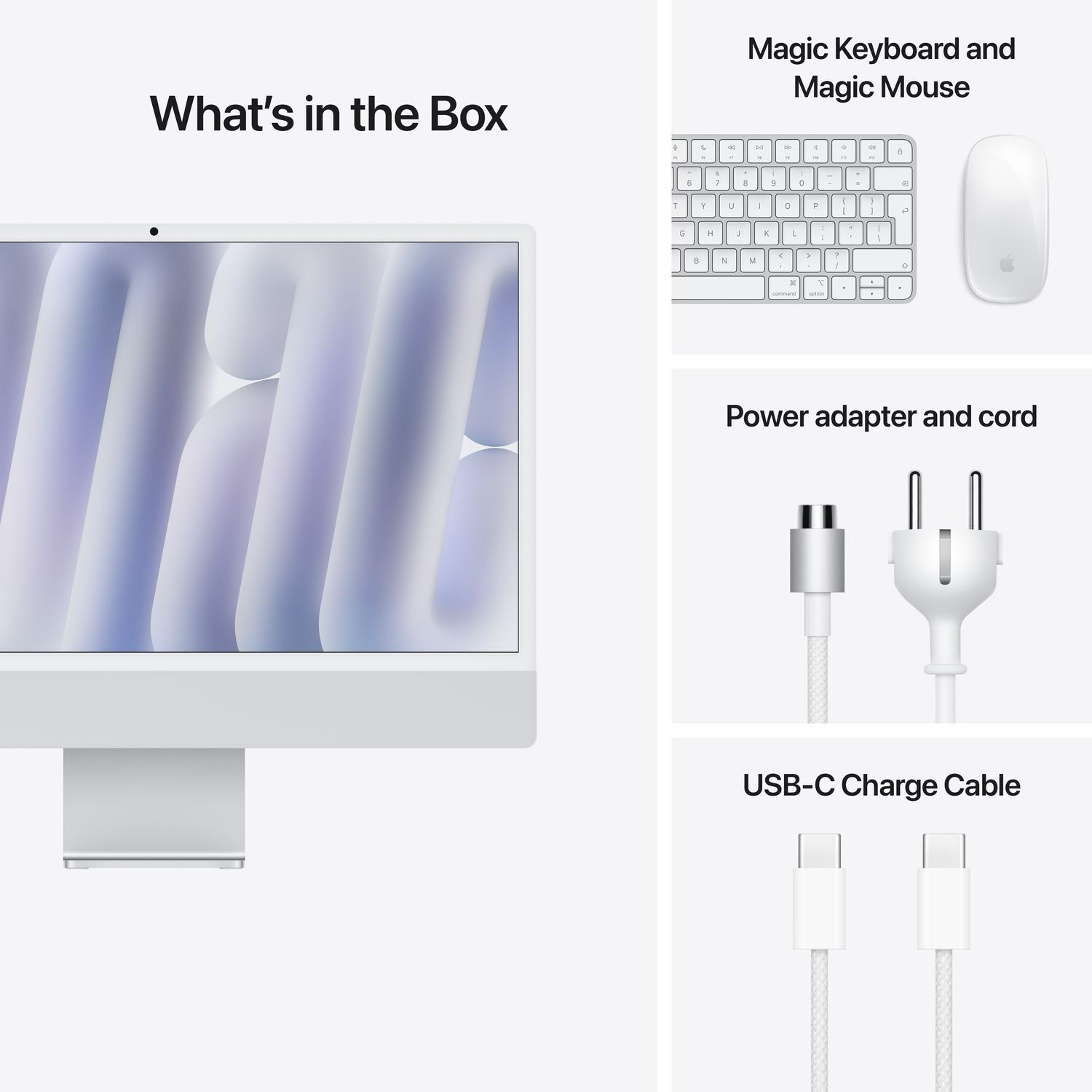 White iMac display, keyboard, mouse, power adapter, and USB-C cable. Text 'What's in the Box'.