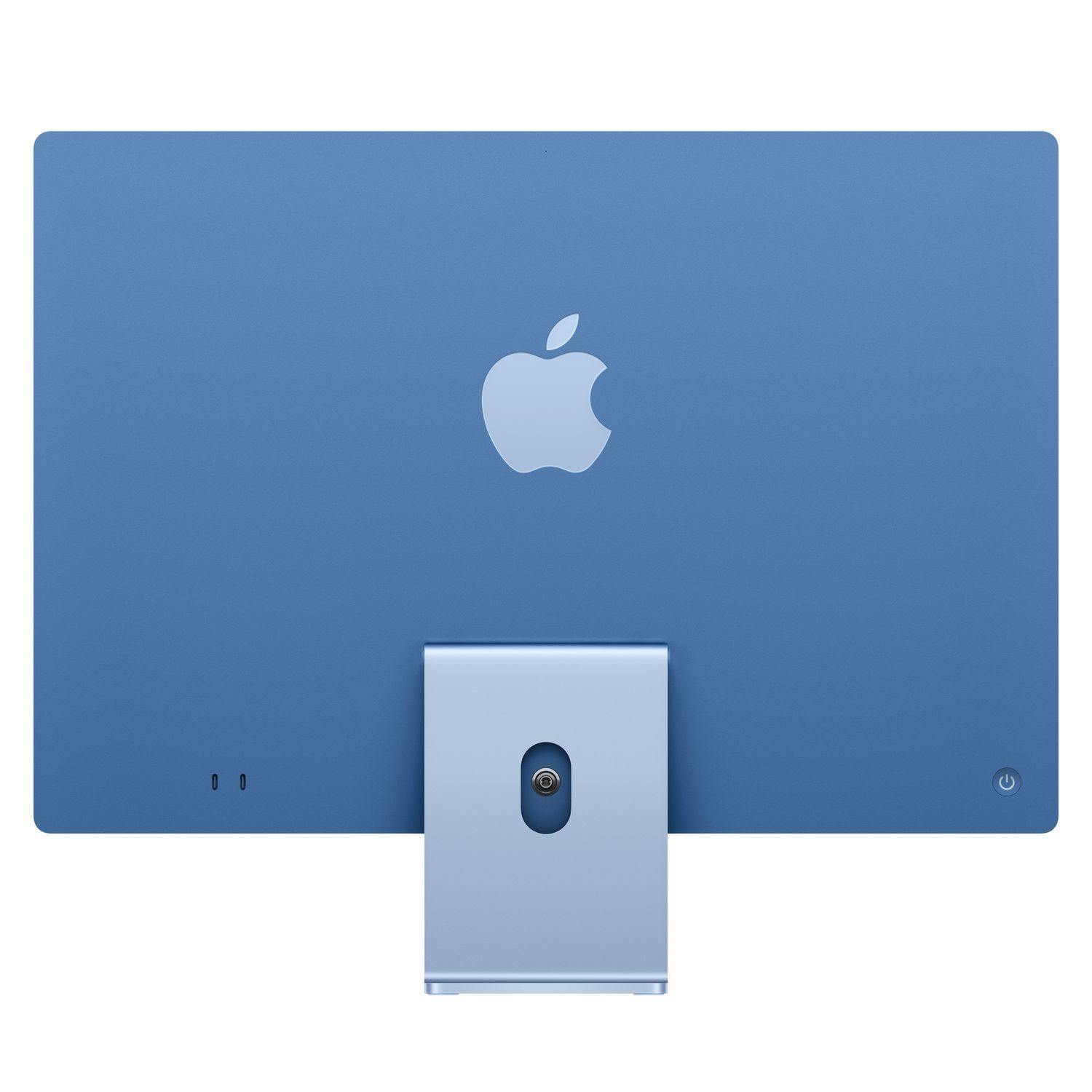 Achteraanzicht van een blauwe iMac met een wit Apple-logo en een zilveren standaard.