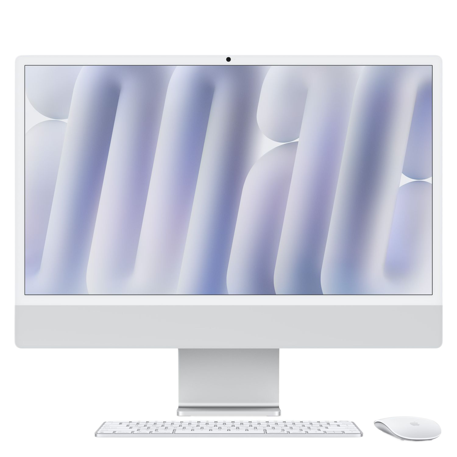 Een zilveren iMac-computer met een wit toetsenbord en muis tegen een lichte achtergrond.