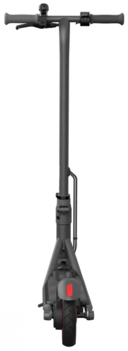 Czarna hulajnoga elektryczna od tyłu, z czerwonym światłem tylnym.