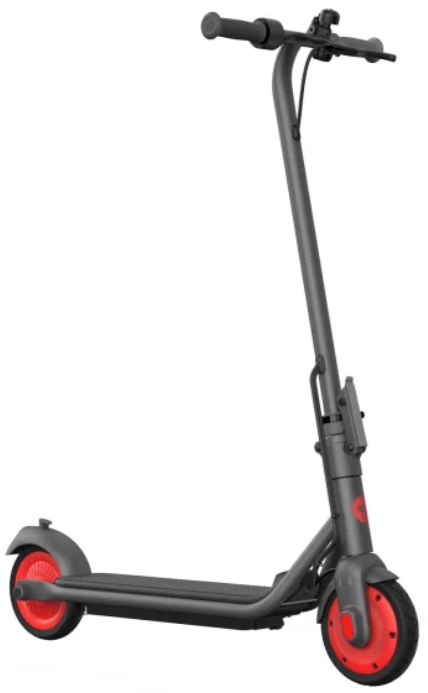 Szaro-czerwona hulajnoga elektryczna na białym tle. Kierownica jest czarna. Ma czerwone koła.