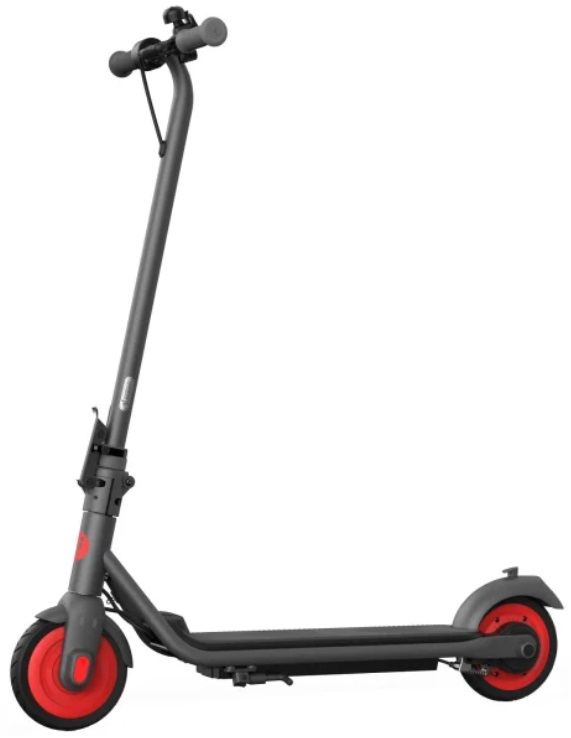 Szary skuter elektryczny, czerwone koła, białe tło. Czarny uchwyt i długa łodyga.