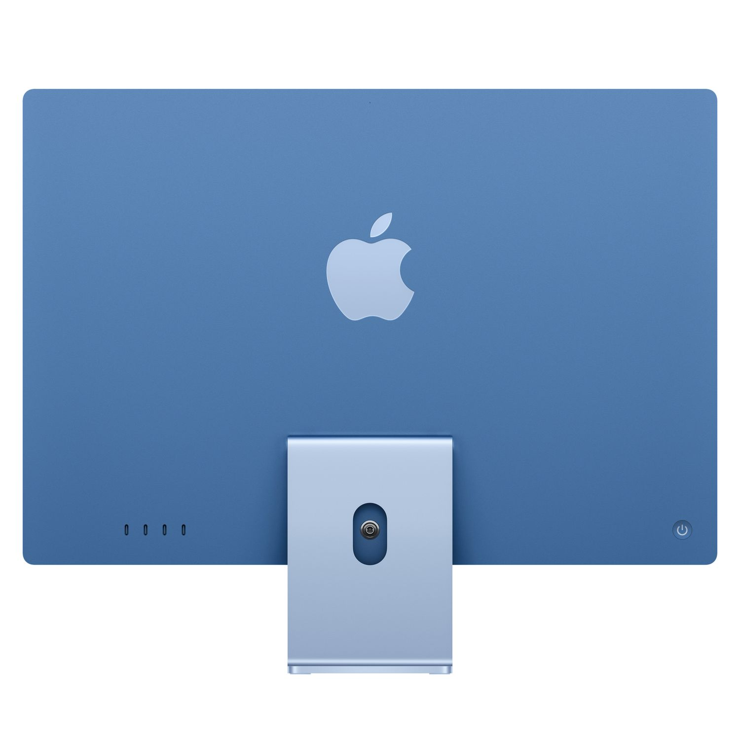 Rear view of a blue iMac with Apple logo and stand. Minimalist design on a white backdrop.