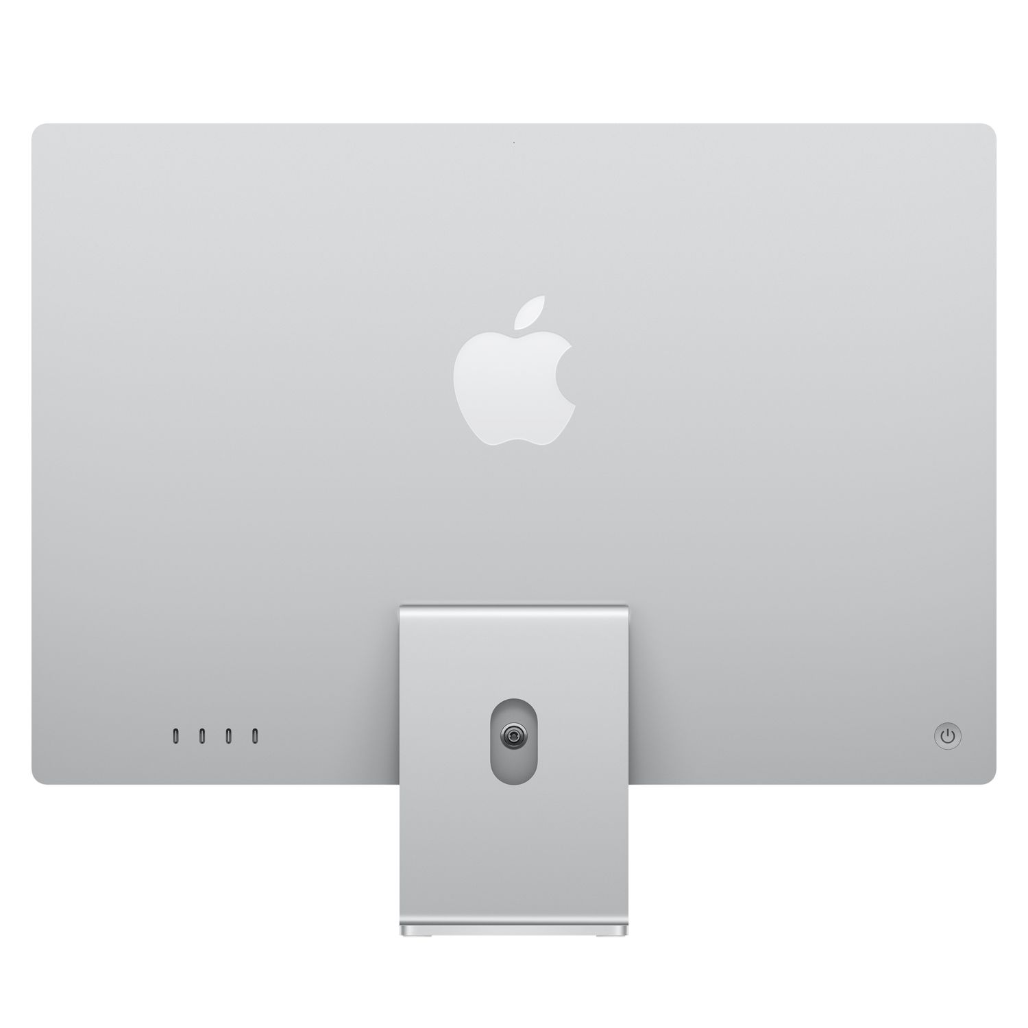Back of a silver monitor with apple logo and stand.  Clean, minimalist design, white background.